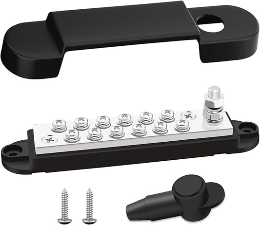 Marine Bus Bar 12V 150A 1/4" Stud Power Distribution Block, Buckle Designed Bottom Battery Busbar, Automotive Buss Bar 12v for Car, Boat and Solar Wiring (Black)