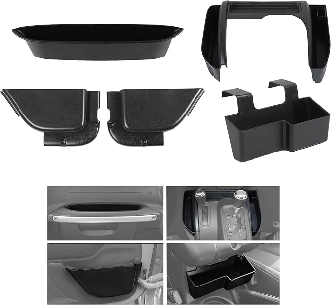 5PCS Interior Storage Fit for 2011-2018 Jeep Wrangler JK/JKU – Console Organizer, Passenger Side Grab Handle Box, Gear Tray, Front Door Net Pocket & Armrest Box Outer Storage