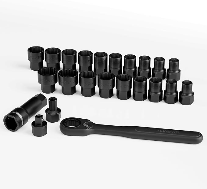 24-Piece 3/8" SAE & Metric Pass-Through Socket Set with Reversible Ratchet, Non-Slip Extractor Sockets for Damaged & Stubborn Fasteners