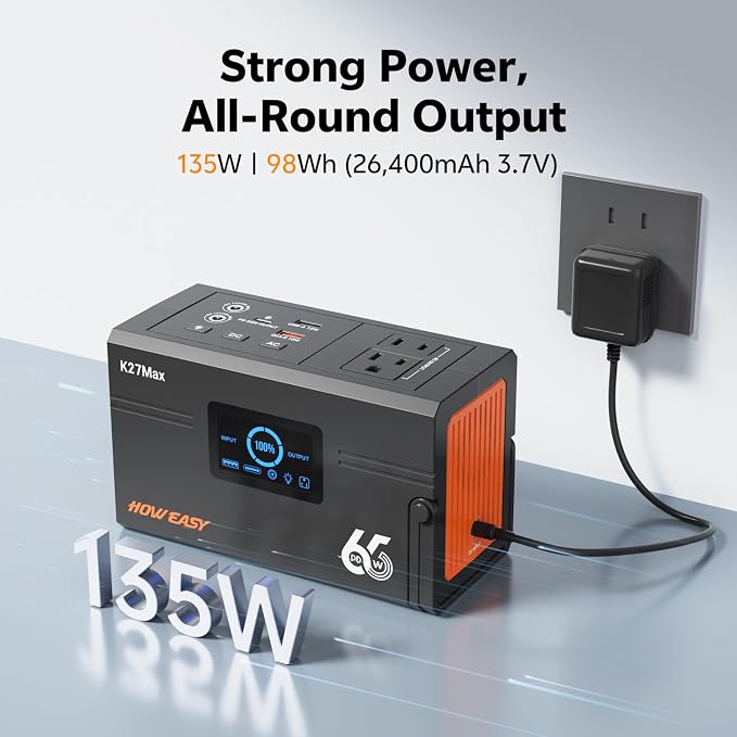 HOWEASY Portable Power Station 135W（270W Peak), Backup Lithium Battery with 110V AC Outlets,98Wh(26400mAh) Solar Generator for Camping,for Outdoor Camping Emergency(Solar Panel Not Included)