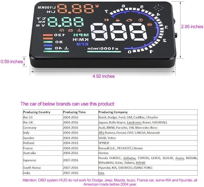 5.5 inches A8 OBD2 Windshield HUD Head Up Display with Display RPM MPH Speeding Warning Fuel Consumption Temperature