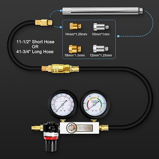 JIFETOR Cylinder Leak Down Tester Kit, Automotive Engine Compression Dual Gauge Leakdown Test Set with 10 12 14 18mm Spark Plugs Universal for Small Engine Motorcycle ATV, Blue Case