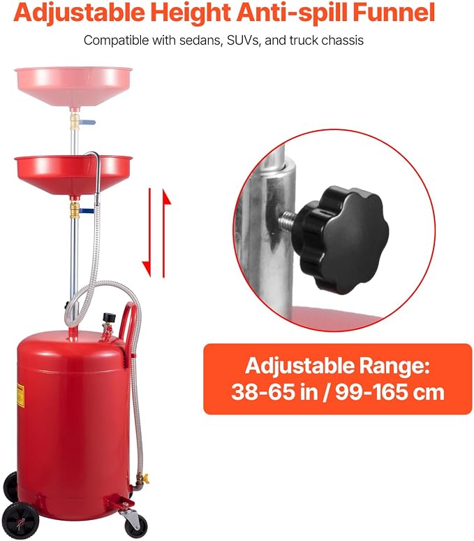 VEVOR 20-Gallon Waste Oil Drain Tank, Air Operated Portable Oil Drainer with Adjustable Funnel Height, Fluid Fuel Transfer Drainage with Wheels, Oil Change Container for Auto Repair Shops, Garages | Air Operated, Portable Oil Drainer, Adjustable Funnel...