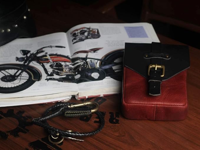 Trip Machine Company Genuine Leather Motorcycle Magnetic Fuel Tank Pouch to Carry All Your Riding Essentials (Cherry Red)