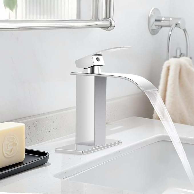 Chrome Bathroom Faucets, Waterfall Bathroom Sink Faucet Modern Single Handle Bathroom Faucte 1 or 3 Hole, RV Mixer Tap Vanity Faucet - Includes Pop-up Drain Supply Hoses Deck Plate