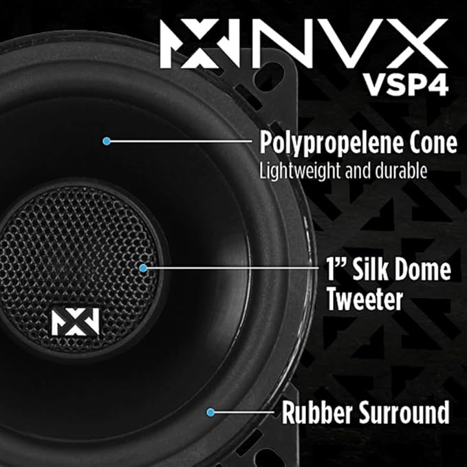 NVX® VSP4 4" Premium Car Speakers, 450W Max, 150W RMS, 2-Way Coaxial w/ 1" Silk Dome Tweeters & Built-in X-Overs, Easy to Install in Cars/Trucks/Doors (Pair)