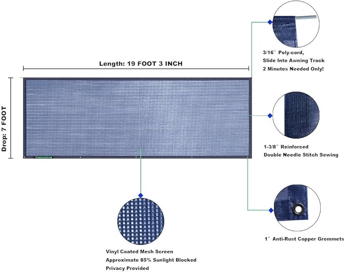 Leaveshade RV Awning Sunshade Screen Shade 7' X 19' 3'' (Fit for 20' Awning)- Navy Blue Mesh Sun Shade Block Patio Front Glare Motorhome Camper Trailer Awning Sunscreen UV Blocker - 3 Year Warranty