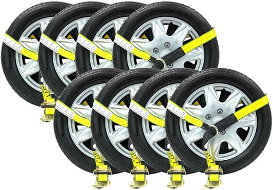 Mytee Products (8 Pack 2" x10' Lasso Ratchet Strap with J Finger Hook Wheel Net Auto Tow Towing Car Hauler Down