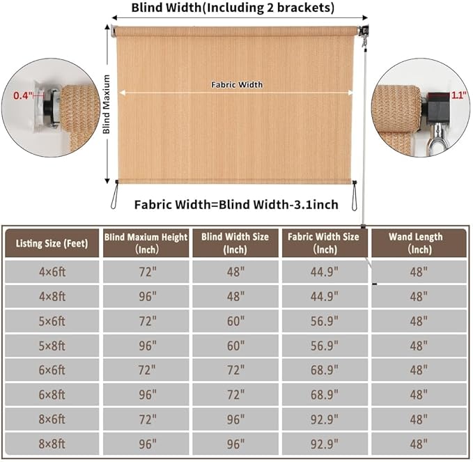 SMONTER Outdoor Sunshade Roller Shade 5'W x 6'H (60" Wx72 H), Exterior Cordless Roll Up Shades Blinds, UV Protection Shade Cloth with Crank Operation for Outside Windows Patio Porch Gazebo, Walnut
