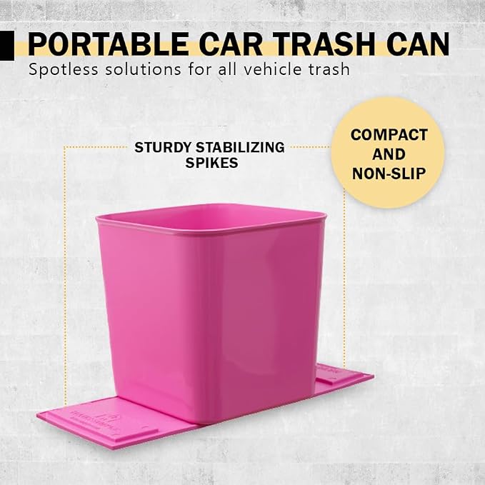 Pink Car Trash Can plus Trash bag bundle – Leakproof, w/Stability Flap, Anti-Slip Base, Portable + 6 Extra Trash Bag Roll (120pcs Total) – Black, Large – For Cars, SUV, & Trucks