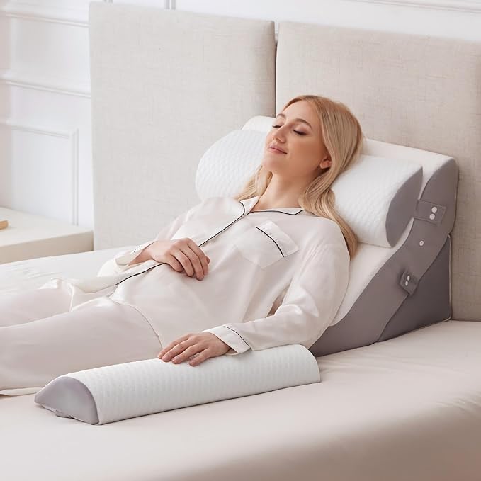 Ruqmuis 4PCS Wedge Pillow Set for After Surgery, Adjustable Back Pillow for Bed Sitting up, Acid Reflux, Bed Wedge Pillow Headboard for Sleeping & Snoring, Orthopedic Pillow for Post Surgery, White