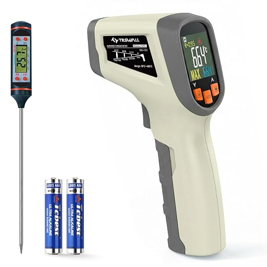 Tilswall Infrared Thermometer, Laser Temperature Gun, -50°C~600°C (-58F~1112F)with Adjustable Emissivity, for Cooking/Pizza Oven/BBQ/Vehicle Repair, Meat Thermometer included, Not for Human(OW), W301