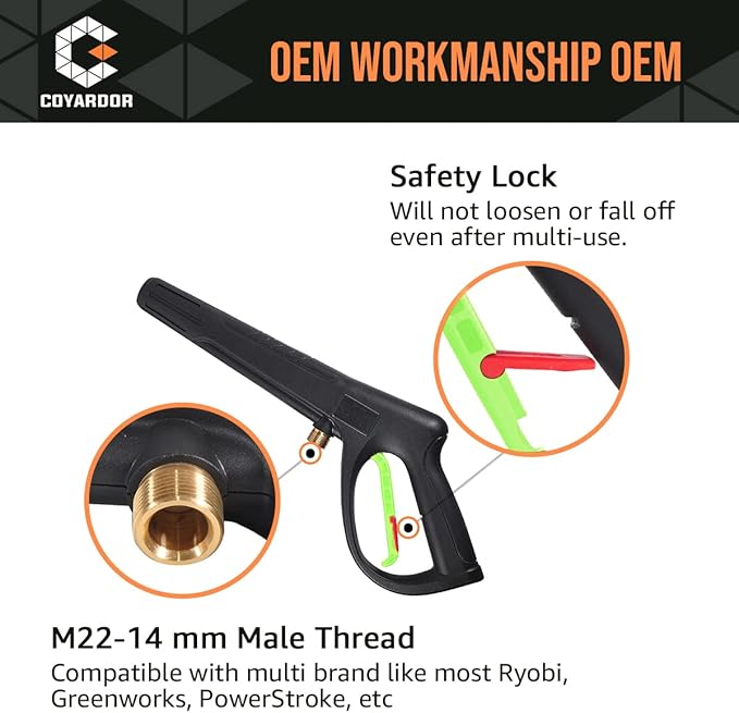 Pressure Washer Gun with Extension Wand & 5 Spray Nozzle Tips, M22-14mm & M22-15mm Fitting Replacement for Ryobi, Karcher, Powerstroke, Greenworks, and More Electric Power Washer