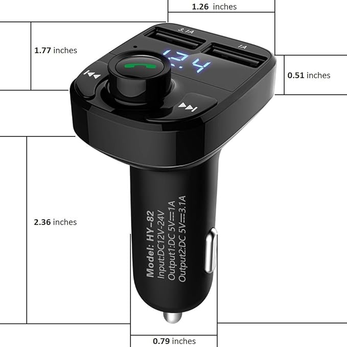 Handsfree Call Car Charger, Wireless Bluetooth 5.3 FM Transmitter Radio Receiver, MP3 Audio Music Adapter, Dual USB Ports, LED Show Voltage/FM Frequency, Compatible for iPhone Samsung Smartphones