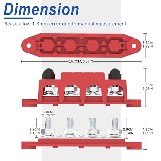 Bus Bar 250A 12V Power Distribution Block with 3/8" (M10) 4-Posts Terminals Block with Cover for Automotive, Marine, Battery System (Black & Red)