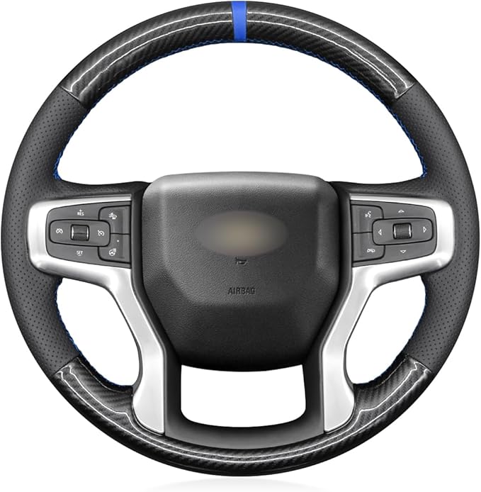 MEWANT Steering Wheel Cover for Chevy Silverado 1500 2019-2024/2500 3500 2020-2024/Blazer 2019-2024/Suburban Tahoe 2021-2024 Carbon Fiber Hand-Stitched Steering Wheel Wrap
