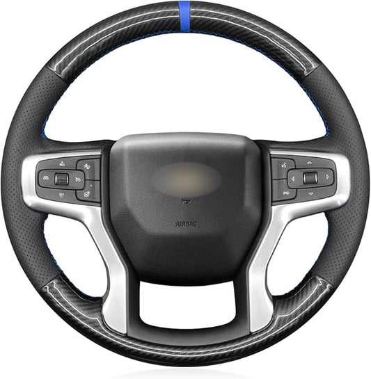 MEWANT Steering Wheel Cover for Chevy Silverado 1500 2019-2024/2500 3500 2020-2024/Blazer 2019-2024/Suburban Tahoe 2021-2024 Carbon Fiber Hand-Stitched Steering Wheel Wrap