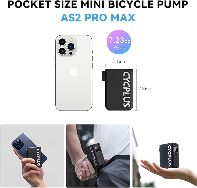 CYCPLUS AS2 Pro Max Tiny Pump Mini with Gauge, Max 120 PSI Cordless Bicycle Air Pump, Auto Stop, with Presta and Schrader Valve for Car, Motorcycle, Bike and Ball