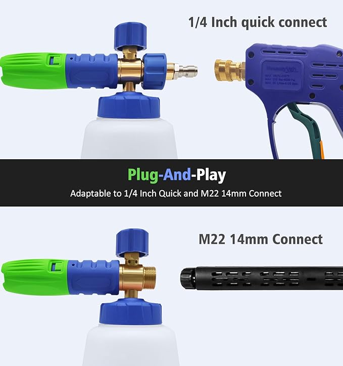 YeewayVeh Pressure Washer Gun and Foam Cannon Kit, 5000PSI Short Power Washer Gun with M22-14 Connector, 1/4 Inch Quick Foam Cannon Soap Sprayer with 2 Nozzles for Car Wash, Blue