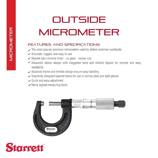 Starrett Outside Micrometer with One-Piece Spindle, Satin Chrome Finish and Advanced Sleeve Design - Quick and Easy Adjustment, 0-1"Range, .0001" Graduation - T436.1XRL-1