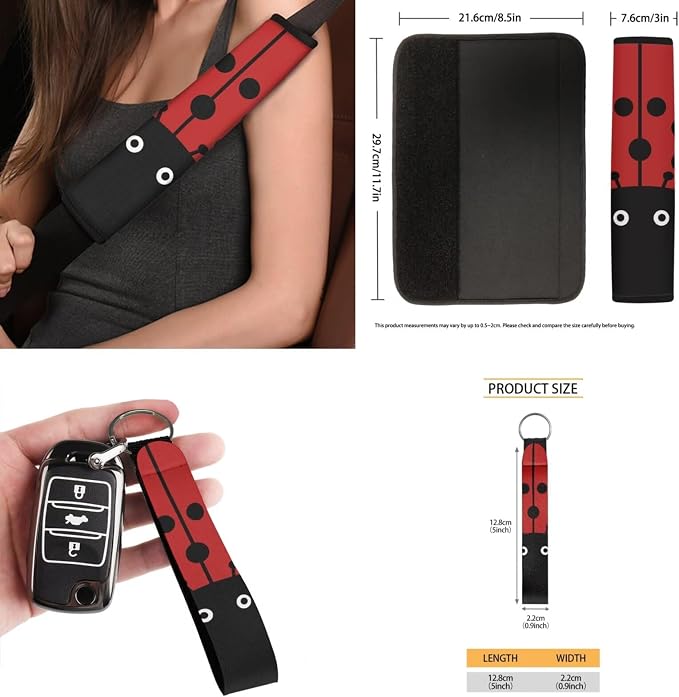 Ladybug Car Seat Covers Full Set for Women Cute Car Accessories Interior Car Steering Wheel Cover Seatbelt Covers Trash Bin Rear View Mirror Cover Cup Holders Keychain