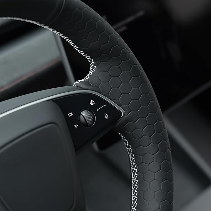 MEWANT Hand Stitch Black Hive Embossed Faux Leather Steering Wheel Cover for Tesla Model 3 Highland 2025 Model Y Juniper