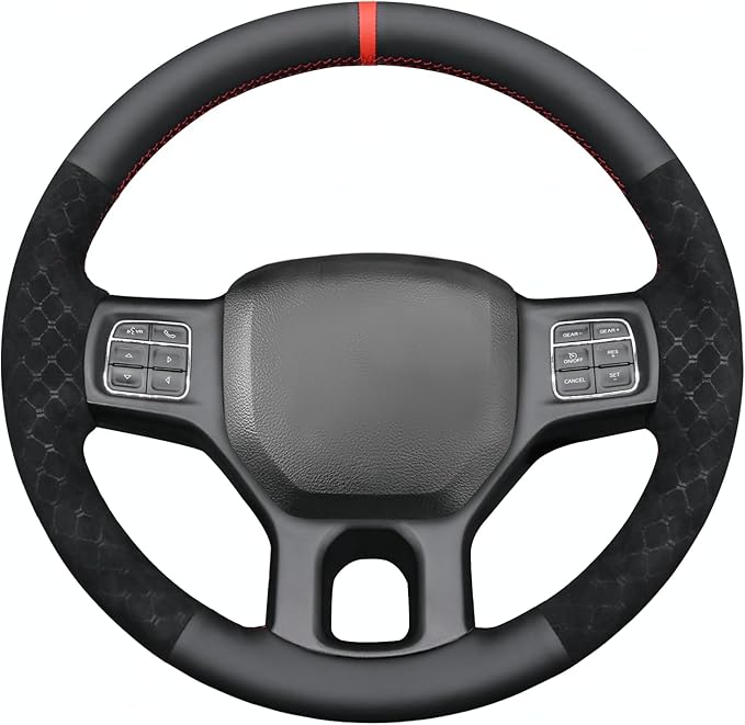 MEWANT Hand Stitch Steering Wheel Cover for 1500 2012-2018 1500 Classic 2019-2023 2500 3500 5500 2012-2018 Black Genuine Leather Diamond Embossed Athsuede Interior Accessories