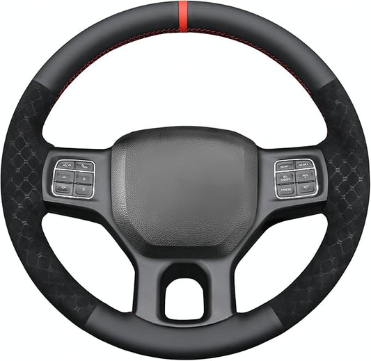 MEWANT Hand Stitch Steering Wheel Cover for 1500 2012-2018 1500 Classic 2019-2023 2500 3500 5500 2012-2018 Black Genuine Leather Diamond Embossed Athsuede Interior Accessories