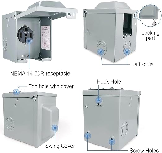 50 Amp 125/250 Volt RV Power Outlet Box, Enclosed Lockable Weatherproof NEMA 14-50R Outdoor Electrical Receptacle Panel, 50 Amp RV Receptacle for Camper Trailer Motorhome Electric Car Generator