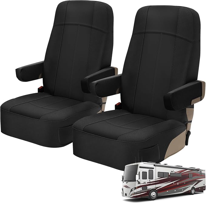 RV Seat Covers Compatible with Motorhome Captain Chairs, Driver & Passenger Leather and Neoprene Fabric Seat Covers,All Black