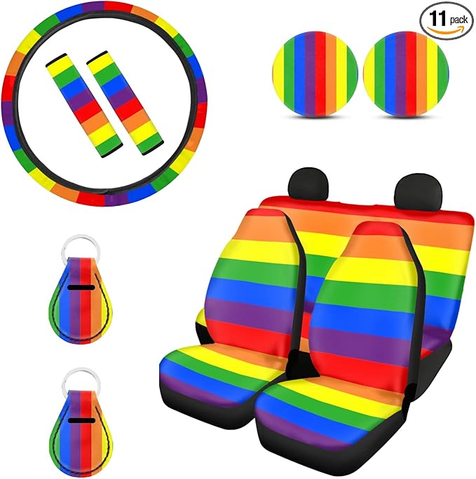 Biyejit Rainbow LGBTQ Gay Pride Stripes Colorful Car Seat Covers and Steering Wheel Cover Full Set for Women Men with Seat Belt Strap Cover/Cup Coasters/Auto Keychains