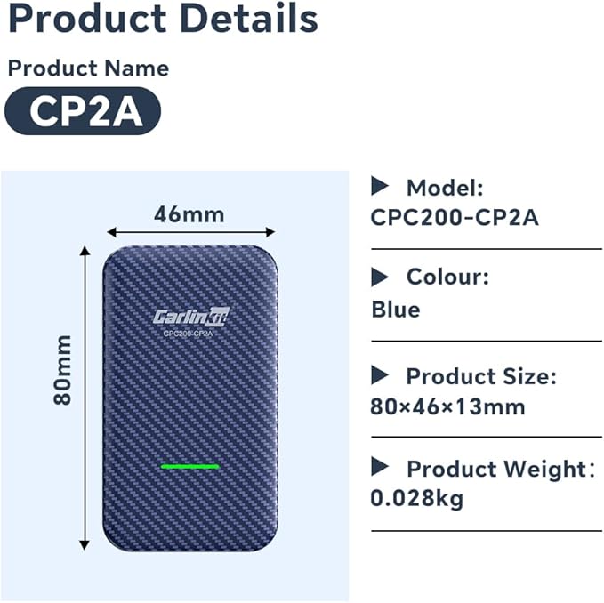 Carlinkit Wireless CarPlay Adapter for iPhone, 4.0 Adapter Convert Wired to Wireless, Support Android Auto, Voice, Music, GPS, Keys, etc. CPC200-CP2A, Blue