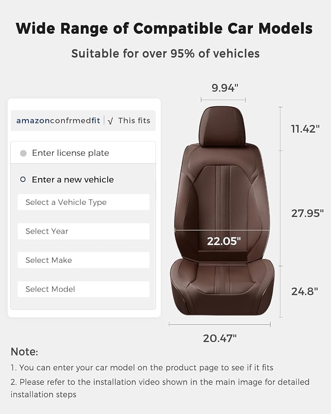 Huidasource Coffee Front Seat Cover, Luxury Faux Leather Front Car Seat Cover, Compatible with Airbags, Seatbelt Buckles, Perforation, Cooling＆Heating, Universal Fit for Most Cars, Vans, Trucks, SUVs