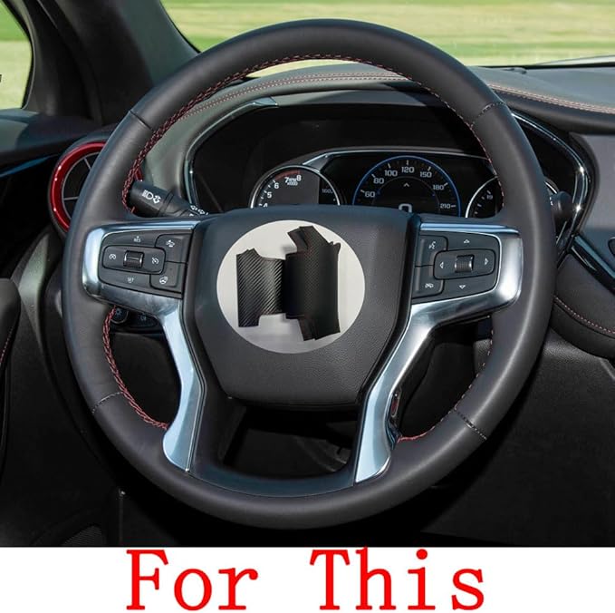 DIY Stitching Carbon Fiber Steering Wheel Cover for Chevrolet Chevy Blazer 2019-2022 / Silverado 1500 2019-2021 2500HD 3500HD 2020-2021 / Suburban Tahoe 2021 Black Leather Interior Accessories
