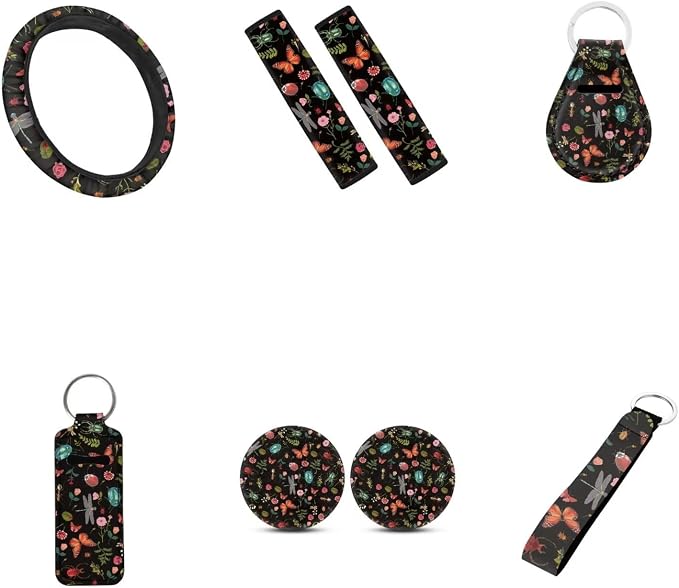 Wild Forest Daisy Auto Seat Covers with Cute Animal,12 Pcs Full Set Car Front Split Bench Seat Covers+Elastic Steering Wheel Wrap+Safety Seatbelt Pad+Key Chain Sets for Women Men