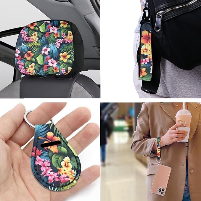 Hawaiian Hibiscus Monstera 13 Pieces Car Seat Cover Full Set for Women Men Tropical Flower Hand Drawing Steering Wheel Cover Auto Seat Universal for,SUV,Sedan,Van