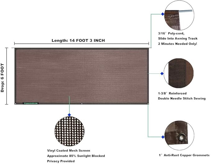 Leaveshade RV Awning Sunshade Screen 6' X 14' 3'' (Fit for 15' Awning)- Brown Mesh Sun Shade Block Patio Front Glare Motorhome Camping Trailer Awning Shade UV Sunblocker Sunscreen - 3 Year Warranty