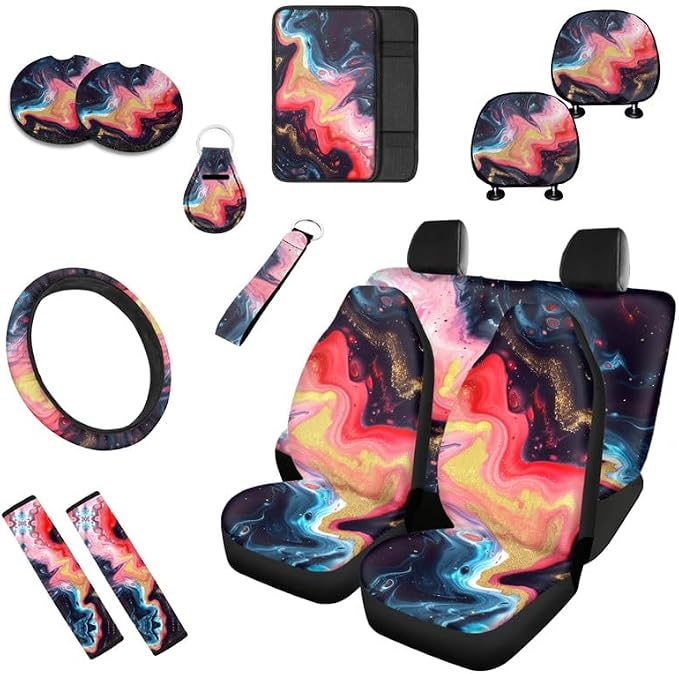 Fluid Art Marble Skin Gradient 13 Pieces Seat Covers Accessories Liquid Marbling Hand Drawing Steering Wheel Cover Seat Cover Full Set Seat Belt Shoulder Pad Car Cover