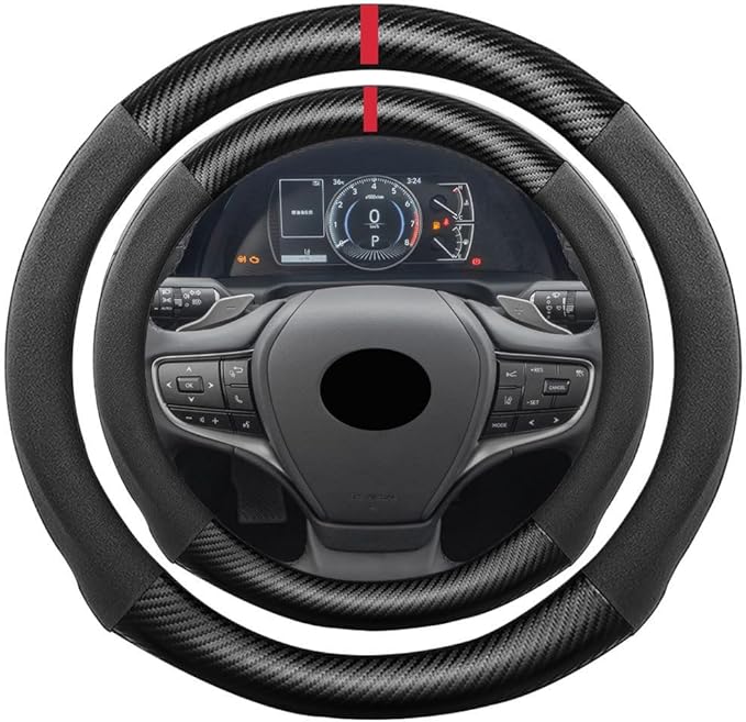 Suede Carbon Fiber Steering Wheel Cover, Compatible with Lexus ES LS is UX NX LC RX GX LX 15 inch Soft SuedeTouch Leather Sport Non-Slip Automotive Interior Accessories