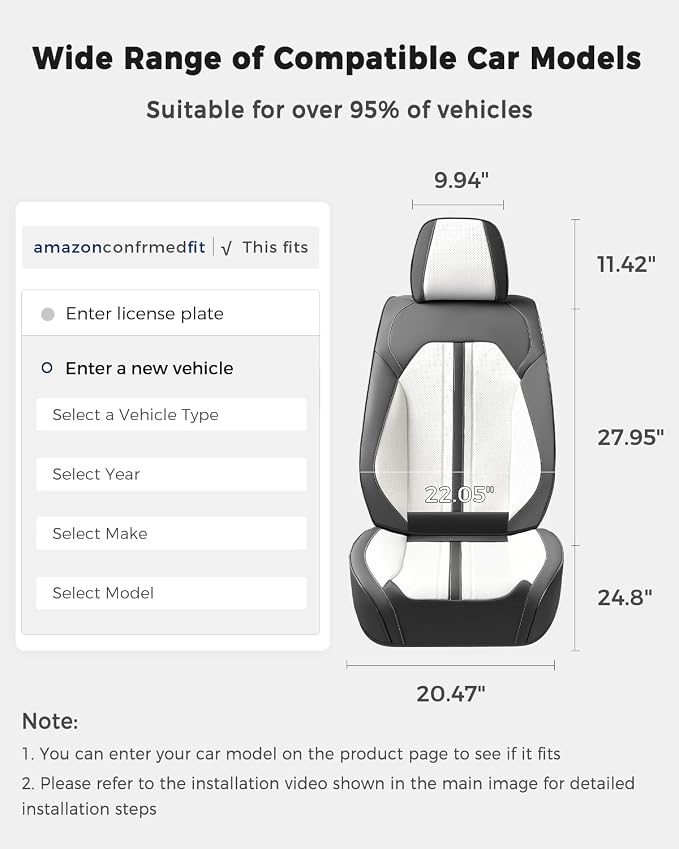Huidasource Front Car Seat Covers, Luxury Faux Leather Car Seat Covers Front Seats, Compatible with Airbags, Seatbelt Buckles, Cooling＆Heating, Universal Fit for Most Cars Vans Trucks SUVs, Gray＆White