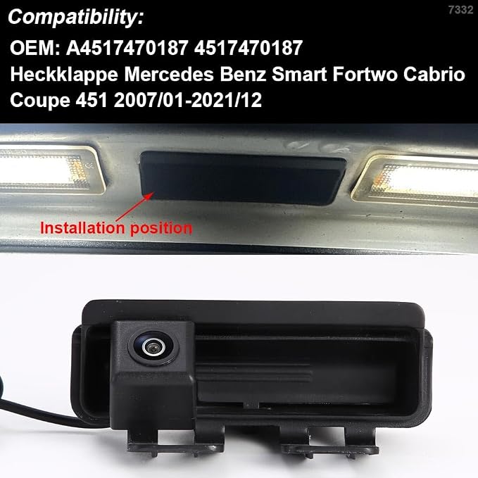 HD Waterproof Car Rear View Backup Camera Vehicle-Specific Trunk Handle Reverse Camera, Parking Safety Assistant System Night Vision, for Heckklappe Mercedes Benz Smart Fortwo Cabrio Coupe 451