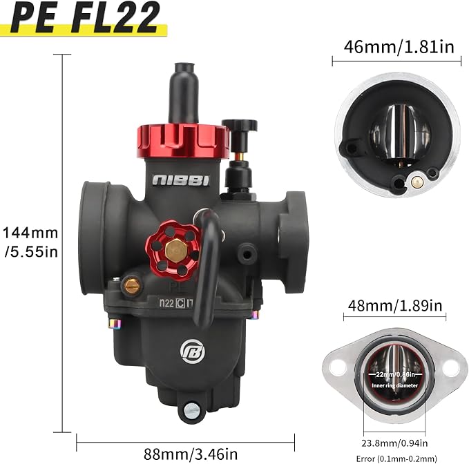 NIBBI 22mm Carburetor with CNC 48mm Air Filter kit,PE22FL Carburetor fit for 140cc mini Bike,Upgrade for SSR125cc Apollo140cc X-PRO125cc Pradator 212 mini bike