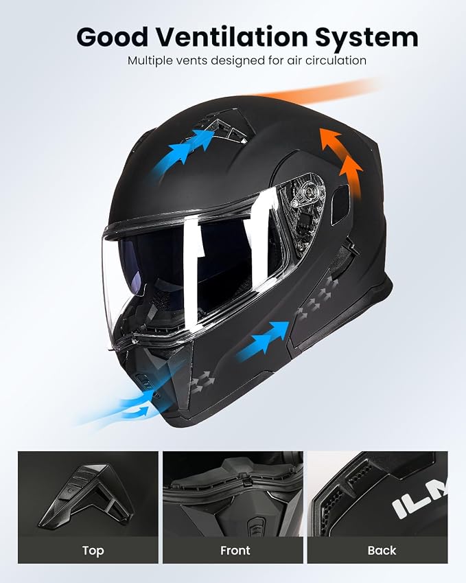 ILM Motorcycle Modular Full Face Helmet for Adult Flip up Dual Visor LED Tail Light Optional DOT