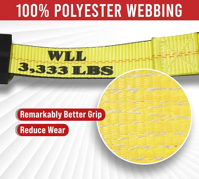 Mytee Products 4 Pack 2" x9' Car Hauler Straps for Trailer w/Ratchet, Swivel J Hook & Rubber Block - 10,000 lbs Breaking Strength Over The Wheel Tire Straps for UTV Hauler - Vehicle Car Tie Down Kit