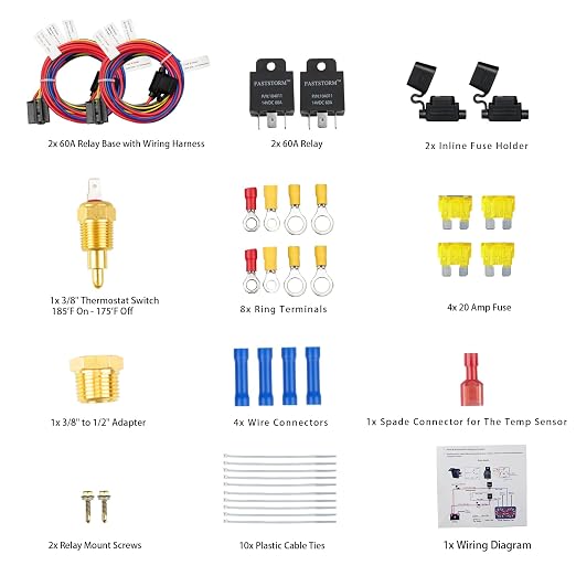 Dual Electric Fan Relay Kit Electric Radiator Fan Kit Temperature Sensor Switch 185 On 175 Off Automotive Wiring Kit 60 Amp Cooling Fan Relay Switch Kit 4 Pin Waterproof Relay Kit