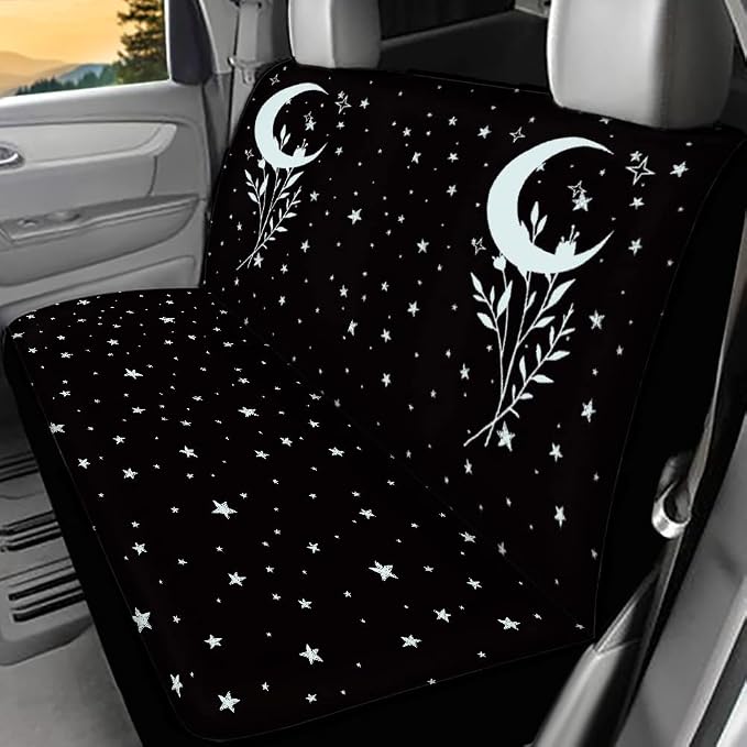 Ystardream Moon Star Flower Universal Front and Rear Bench Back Seat Cover Full Set Palm Tree Steering Wheel Cover Seatbelt Cushion Coasters Key Chains Auto Accessories Decorative,11 Pieces