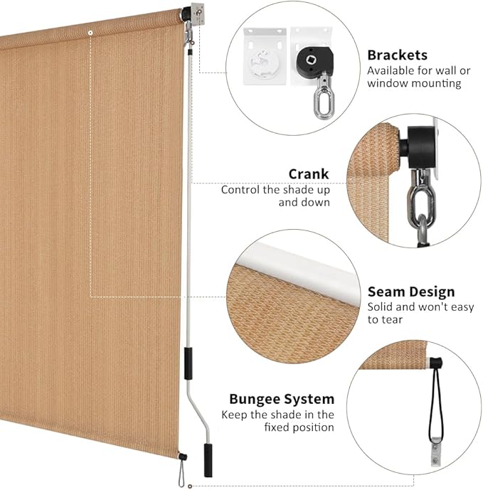 SMONTER Outdoor Sunshade Roller Shade 6'W x 8'H (72" Wx96 H), Exterior Cordless Roll Up Shades Blinds, UV Protection Shade Cloth with Crank Operation for Outside Windows Patio Porch Gazebo, Walnut
