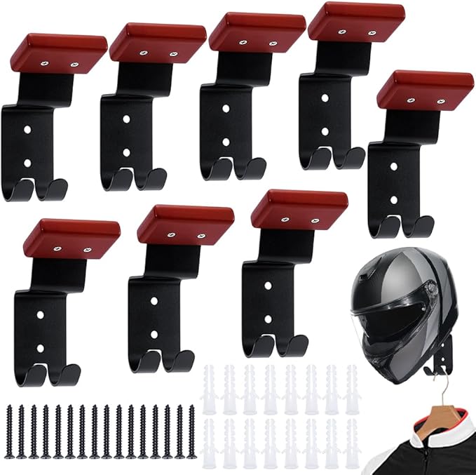 8 Pack Holder Wall Mount, Motorcycle Gear Rack with 2 Heavy Hooks Wall Mount Hanger Solid Wood and Strong Steel Design Motorcycle Accessories for Bike Tactical Baseball Football Helmet Hats