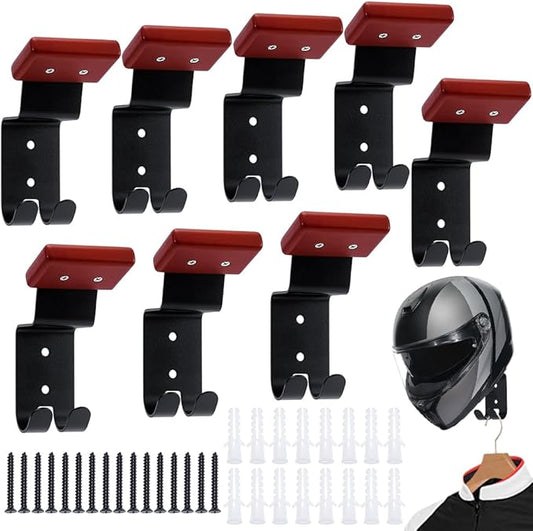 8 Pack Holder Wall Mount, Motorcycle Gear Rack with 2 Heavy Hooks Wall Mount Hanger Solid Wood and Strong Steel Design Motorcycle Accessories for Bike Tactical Baseball Football Helmet Hats