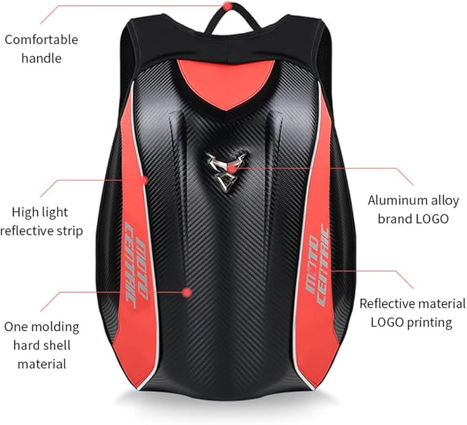 Motorcycle Backpack Waterproof Large Capacity Carbon Fiber Rider Backpack Hard Shell Reflective Motorbike Travel Suitcase Light Version (Red)